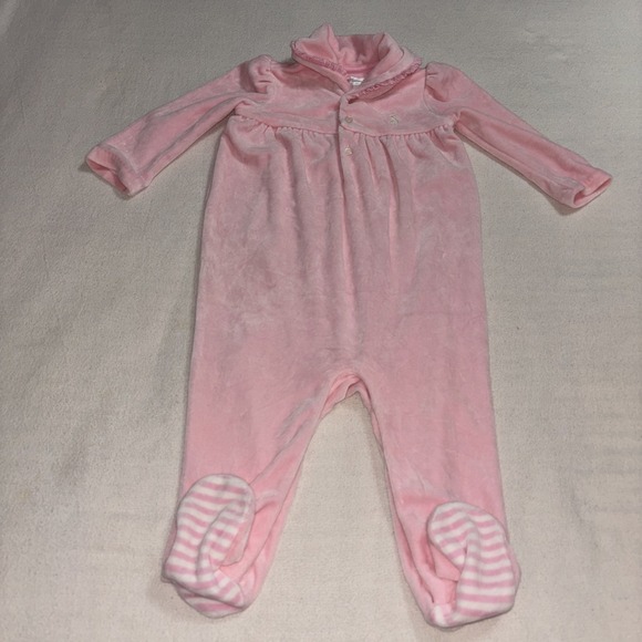 Ralph Lauren Other - Ralph Lauren Girl 9 Months Pink Soft Velour Collar Footed One Piece Outfit EUC